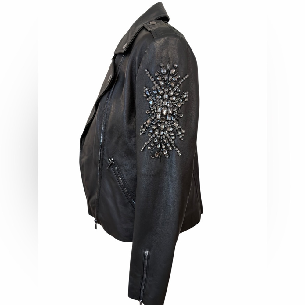 RARE Neiman Marcus Black Leather Jacket Crystal Silver Embellishments Moto - Picture 6 of 11